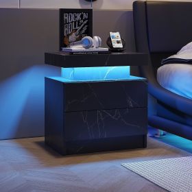 Nightstand LED Bedside Table Cabinet Lights Modern End Side with 2 Drawers for Bedroom (Black Gold)