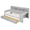 Wooden Twin Size Daybed with Storage Shelves, Multi-functional Bed with Two Storage Drawers and Study Desk, Antique White