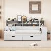 Wooden Twin Size Daybed with Storage Shelves, Multi-functional Bed with Two Storage Drawers and Study Desk, Antique White